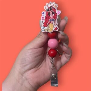Mermaid Badge Reel with Red and Pink Beads